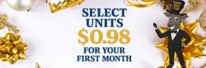 Select units for $0.98 for the first month, with a cartoon goat in a tuxedo and top hat.