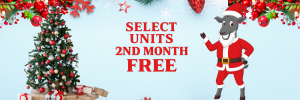 Christmas ad with a Santa goat offering 2nd month free on select units.