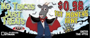 Halloween themed promo banner with two vamprie and zombie goats highlighting $0.98 First Months Rent.