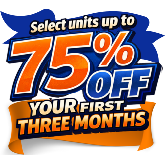 Sale sign: "Select units up to 75% off your first three months" in orange and blue.