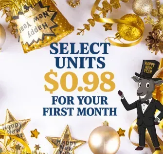 Select units for $0.98 for the first month, with a cartoon goat in a tuxedo and top hat.