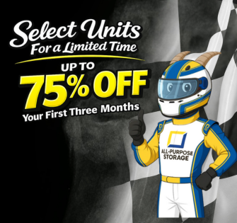 All Purpose Storage ad: a goat racer gives a thumbs-up next to text offering up to 75% off for three months.