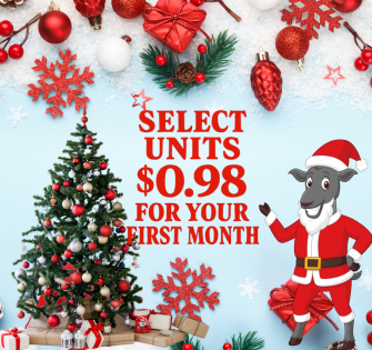 Holiday promotion: A Santa-dressed goat offers select units for $0.98 for the first month, next to a Christmas tree and decorations.