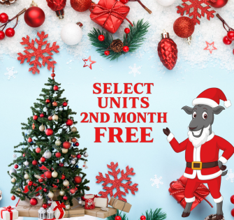 Christmas ad with a Santa goat offering 2nd month free on select units.