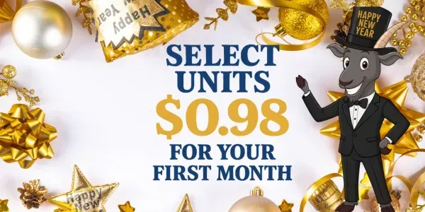 Select units for $0.98 for the first month, with a cartoon goat in a tuxedo and top hat.