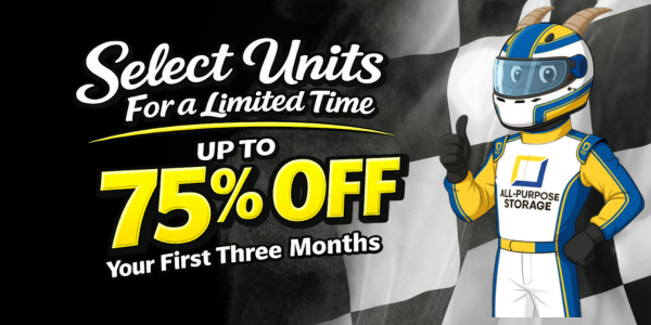 All Purpose Storage ad: a goat racer gives a thumbs-up next to text offering up to 75% off for three months.