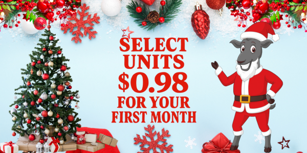 Holiday promotion: A Santa-dressed goat offers select units for $0.98 for the first month, next to a Christmas tree and decorations.