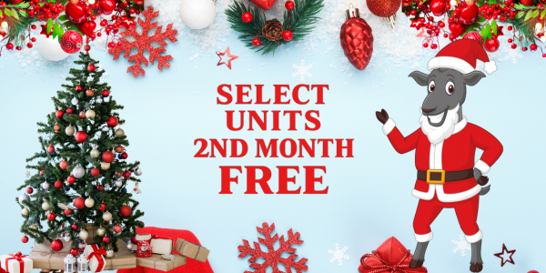 Christmas ad with a Santa goat offering 2nd month free on select units.
