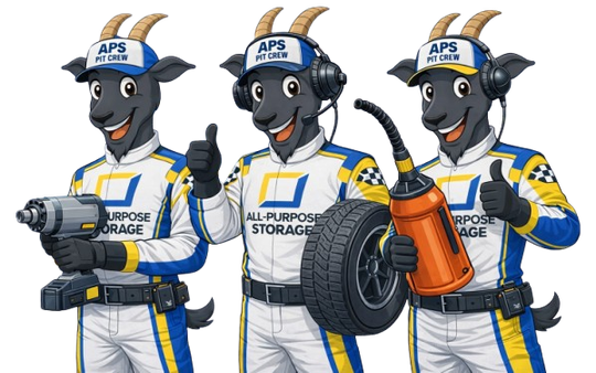 Three cartoon goats in racing suits, holding tools and tires. All give a thumbs up.