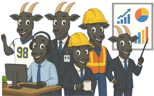 A group of cartoon goats in various work attire, including a sports jersey, business suits, and construction gear, with charts in the background.