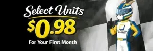 Select units for $0.98 for the first month, with a cartoon goat in a tuxedo and top hat.