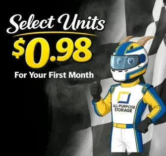 Select units for $0.98 for the first month, with a cartoon goat in a tuxedo and top hat.