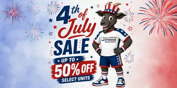 All Purpose Storage ad: a goat racer gives a thumbs-up next to text offering up to 50% off for three months.