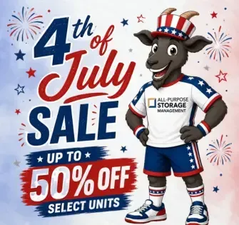 All Purpose Storage ad: a goat racer gives a thumbs-up next to text offering up to 75% off for three months.