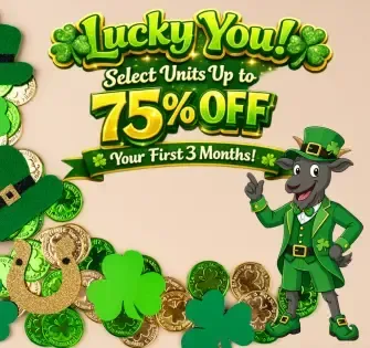 All Purpose Storage ad: a goat racer gives a thumbs-up next to text offering up to 75% off for three months.