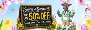 All Purpose Storage ad: a goat racer gives a thumbs-up next to text offering up to 75% off for three months.