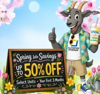 All Purpose Storage ad: a goat racer gives a thumbs-up next to text offering up to 75% off for three months.