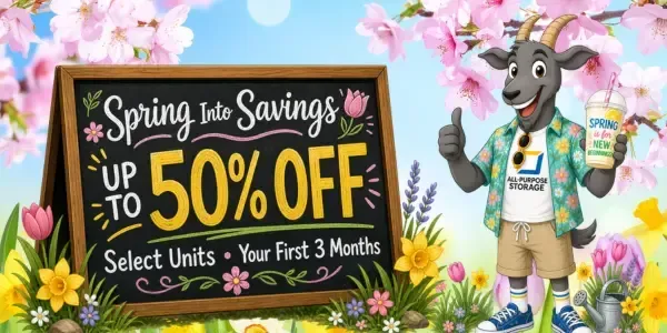 All Purpose Storage ad: a goat racer gives a thumbs-up next to text offering up to 50% off for three months.