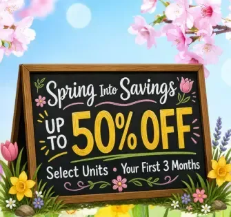 Sale sign: "Select units up to 75% off your first three months" in orange and blue.