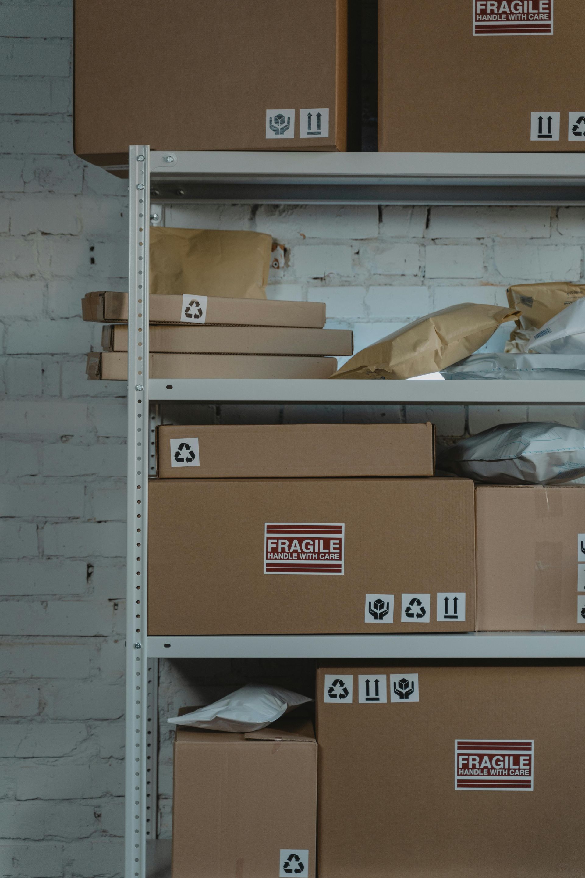 Storage boxes on metal shelves