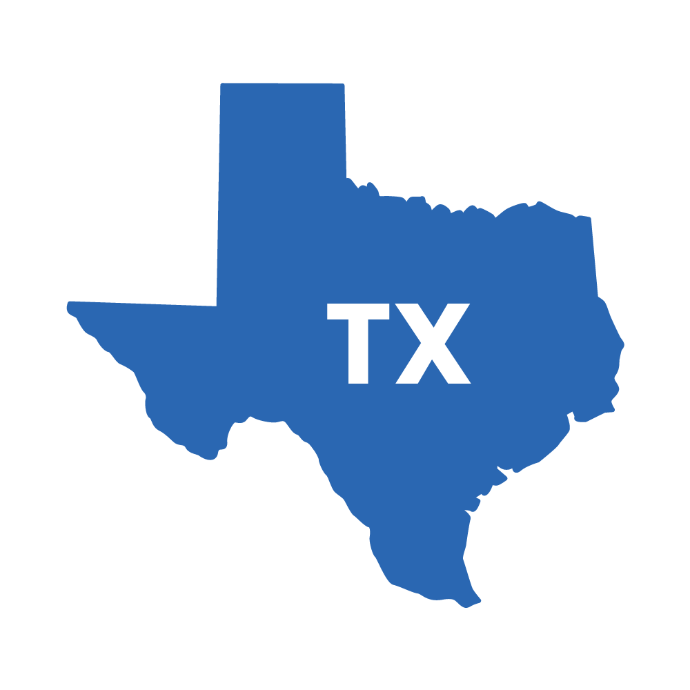 Blue silhouette of Texas with white “TX” text in the center