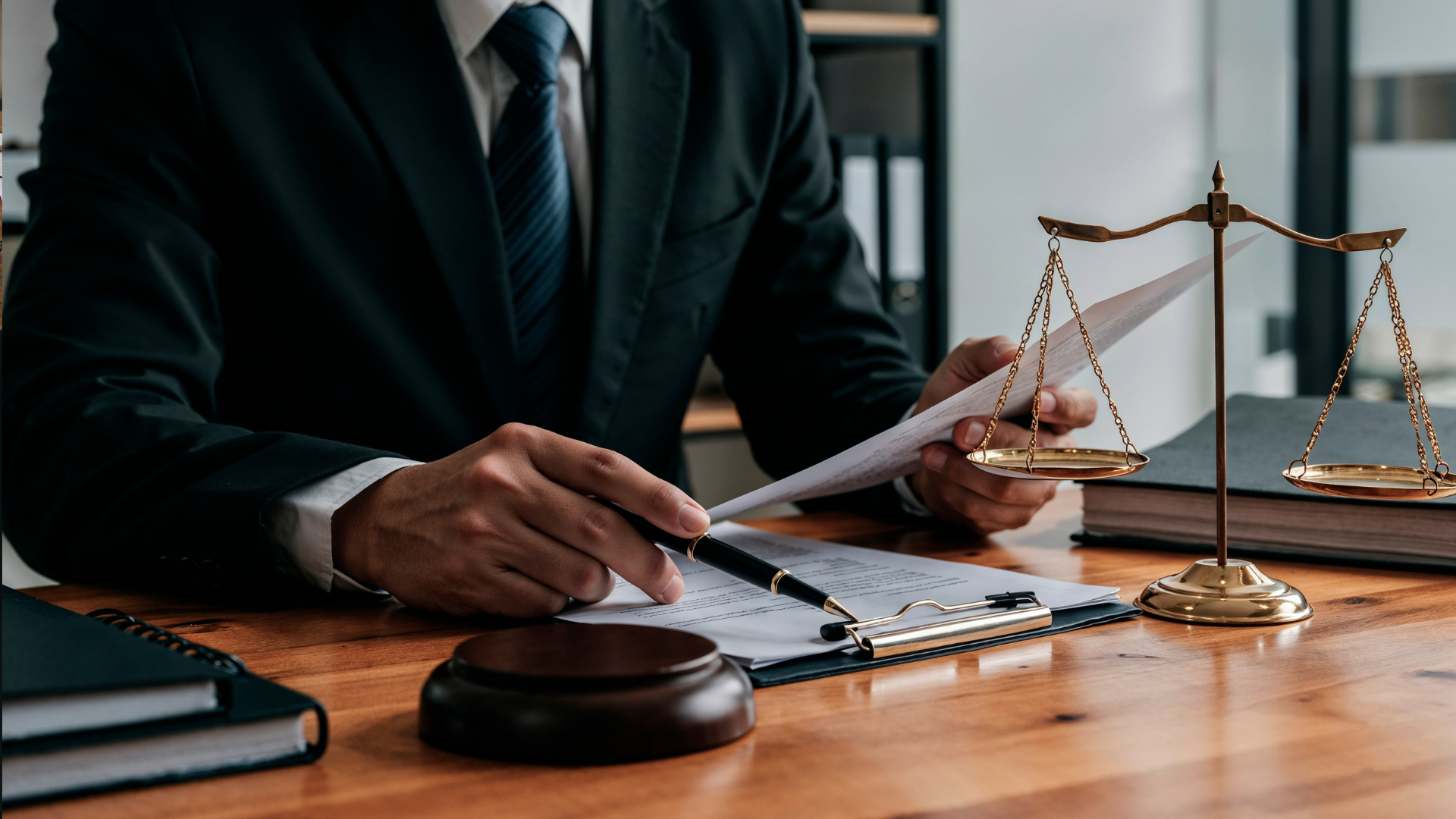 A professional in a suit reviews documents at a desk featuring a wooden gavel and a set of scales of justice.