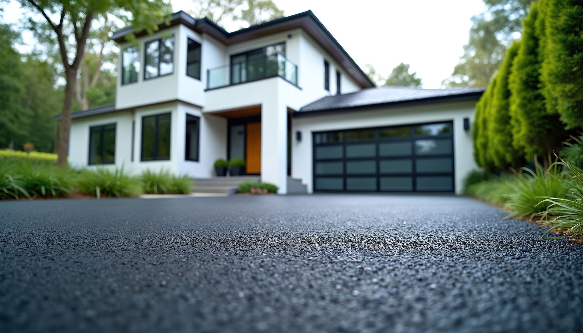 Newly paved driveway leading to a modern white twostory house.