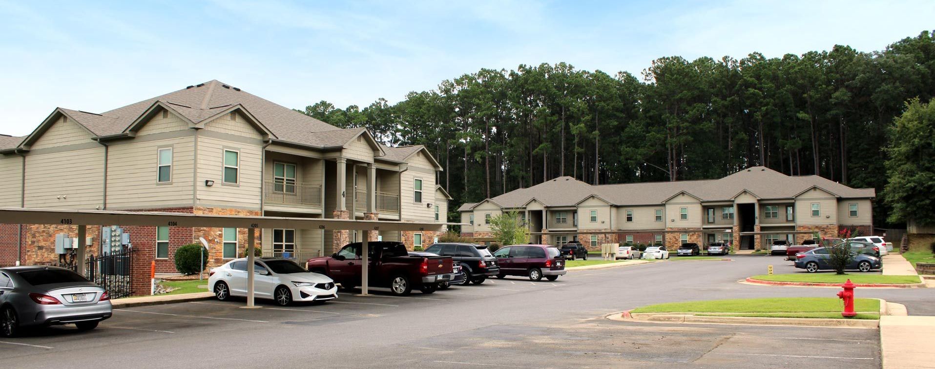 Multi-story apartment buildings with parking spots and cars, situated in front of a line of trees on a sunny day.