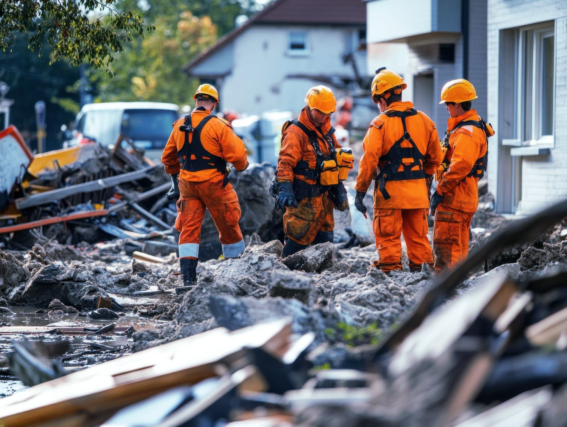 A group of firefighters are standing on top of a pile of rubble.