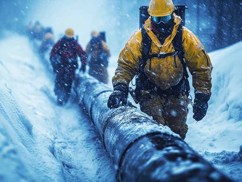 A group of people are working on a pipe in the snow.