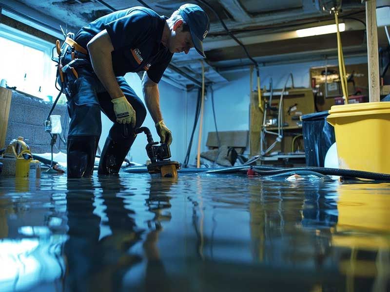 A man is working in a flooded basement
