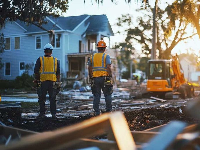 Two construction workers are standing on a construction site in front of a house.