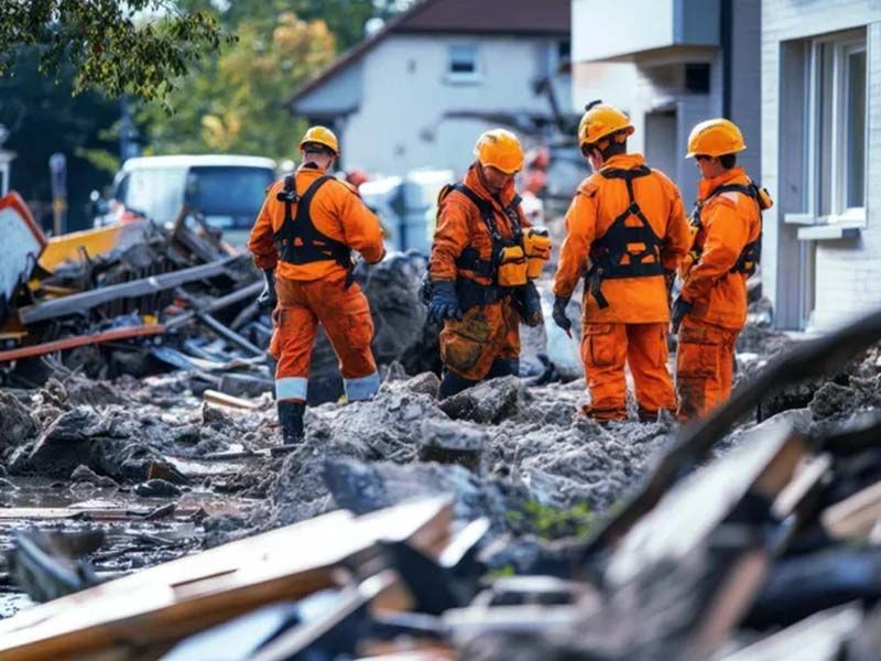 A group of firefighters are standing on top of a pile of rubble.