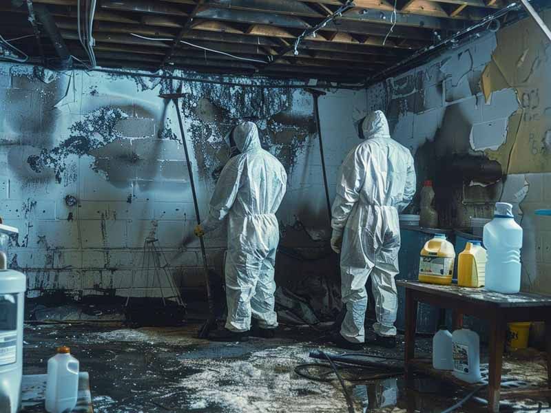 Three men in protective suits are standing in a dirty basement.