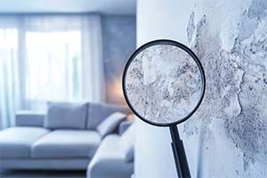 A magnifying glass is looking at a mouldy wall in a living room.