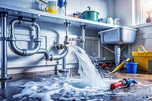 A kitchen sink is leaking water into the floor.
