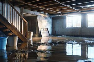 A flooded basement with buckets of water and stairs.