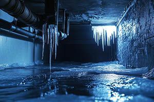 Icicles are hanging from the ceiling of a flooded basement.
