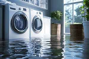 A flooded laundry room with a washing machine and dryer.