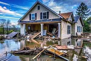 A flooded house is sitting in the middle of a body of water.