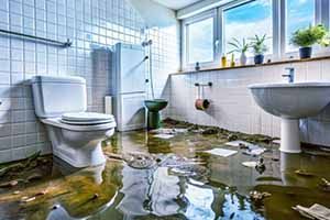 A flooded bathroom with a toilet , sink and window.