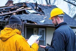 A man and a woman are looking at a clipboard in front of a damaged house.