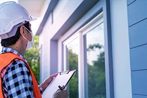 A man wearing a hard hat and safety vest is looking at a window while holding a clipboard.