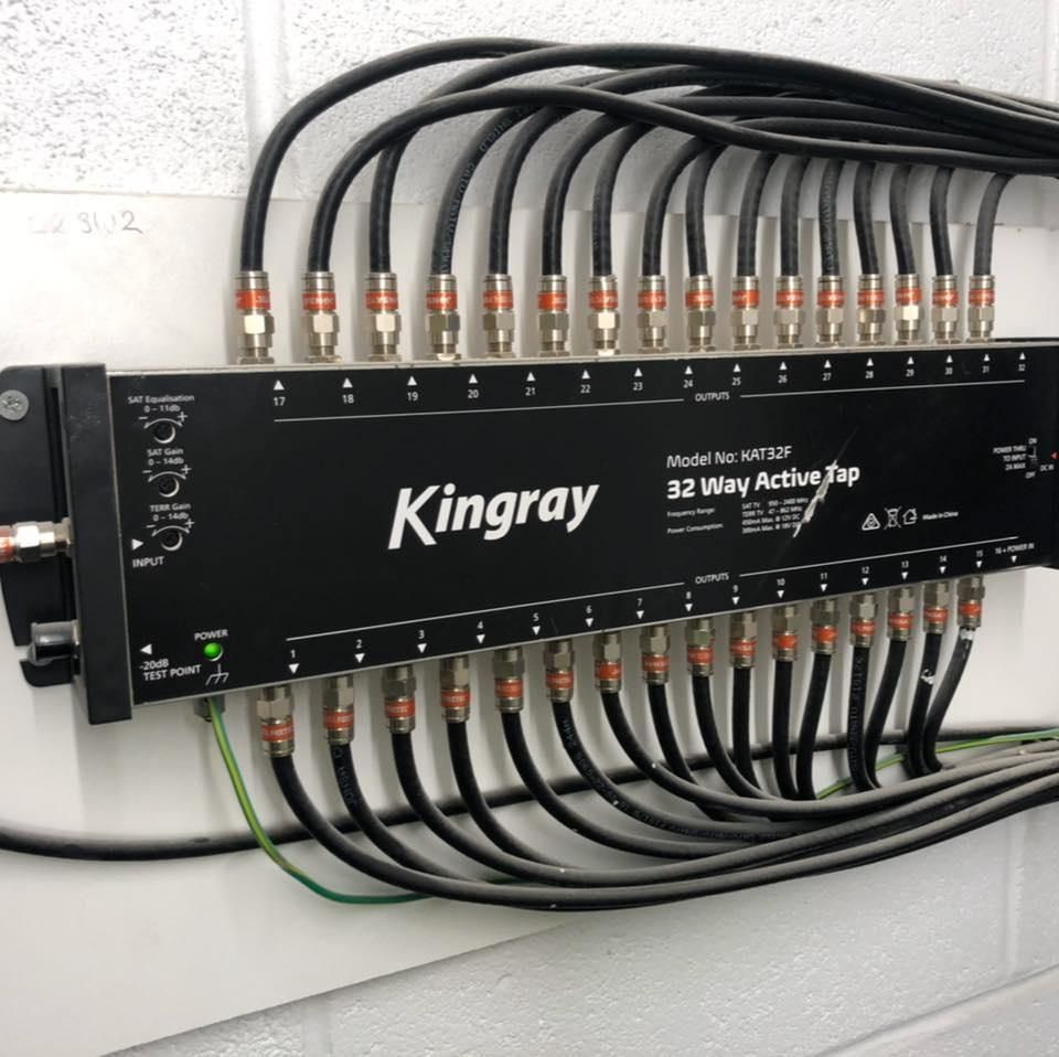 A Kingray 32 Way Active Splitter with Many Wires Attached to It — MATV Systems Australia Pty Ltd in Coffs Harbour, ACT