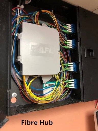 Fibre Hub With Colorful Cables, a Gray Afl Box, and Blue Fiber Optic Ports — MATV Systems Australia Pty Ltd in Gold Coast, QLD