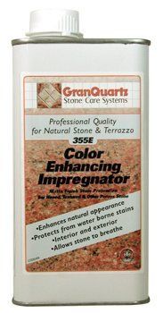 A bottle of color enhancing impregnant for natural stone and terrazzo. A bottle of granquartz color enhancing impregnantor for natural stone and terrazzo.