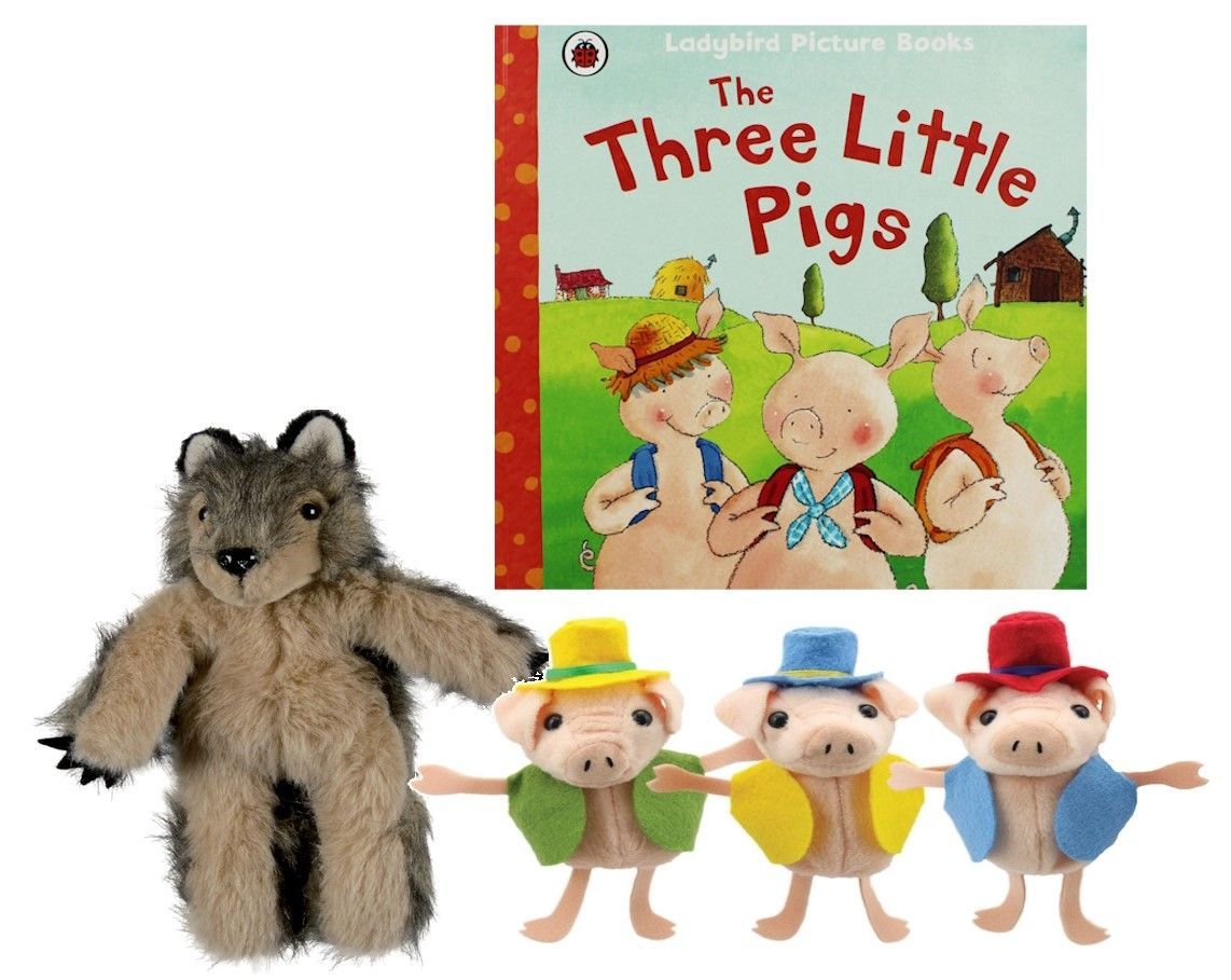 Three Little Pigs and Wolf finger puppets with storybook, perfect for interactive storytelling