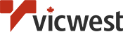 Un logo pour Vicwest avec un éclair rouge et une feuille d'érable.
