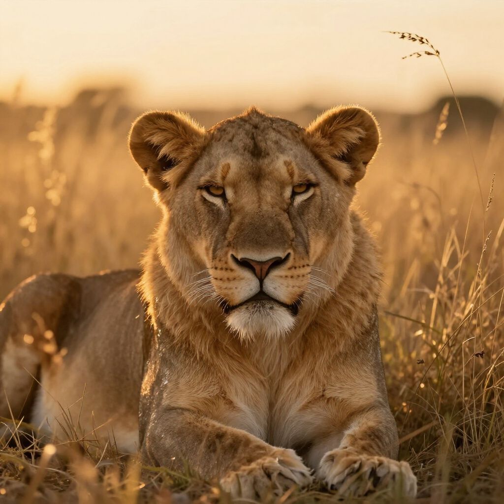 A lion rests in a field of tall, golden grass, staring directly ahead under warm, soft sunlight.