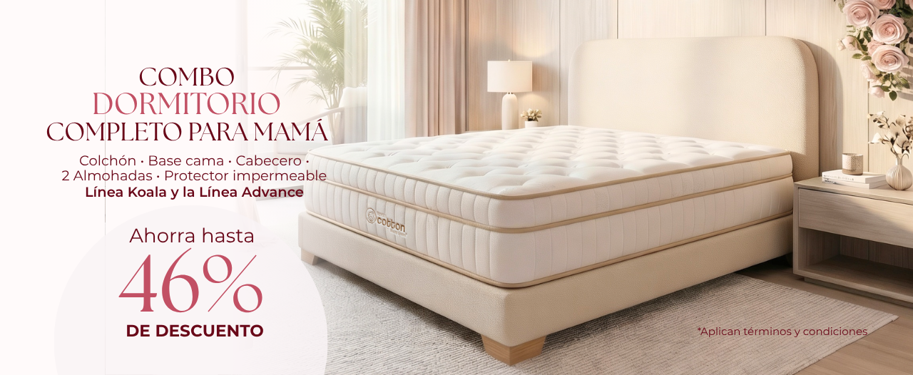 Anuncio promocional de una cama matrimonial tapizada en color crema con colchón, que ofrece un 46% de descuento sobre un fondo beige.